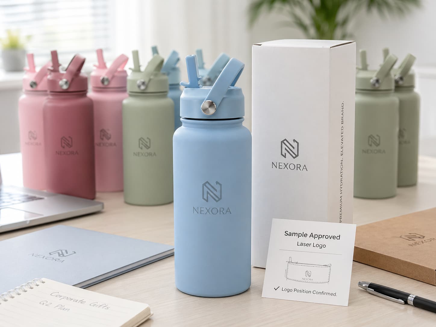 Low MOQ corporate gift bottle sample setup with laser logo bottle branded packaging box approval card and small batch bottles on office desk