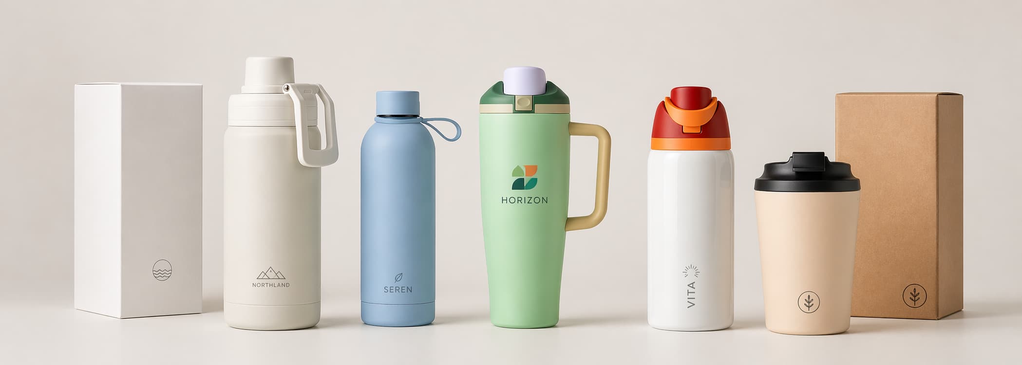 Low MOQ custom insulated bottles with logo options and white or kraft packaging boxes