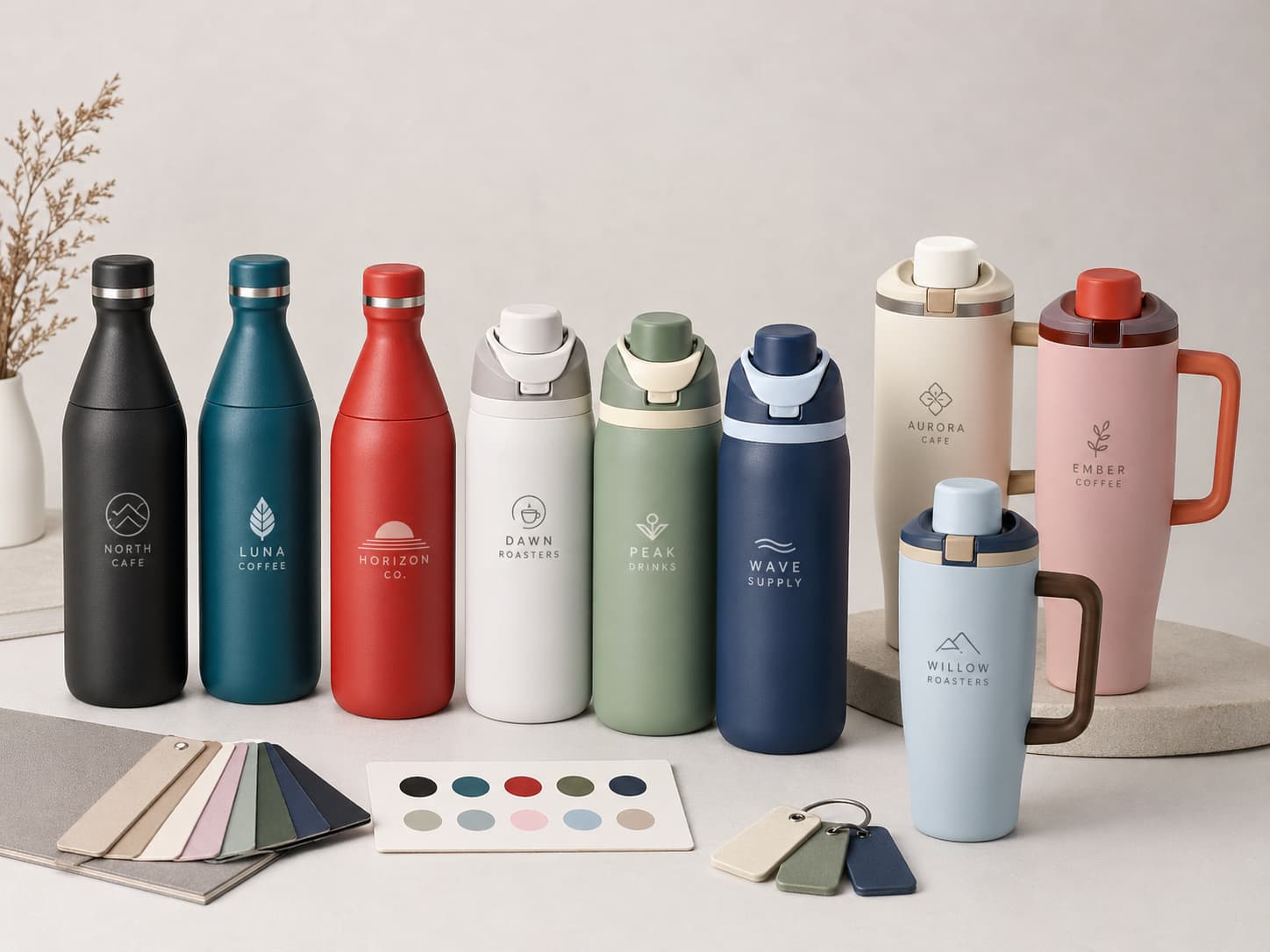Low MOQ custom logo bottles for small brand launch using existing stainless steel drinkware styles