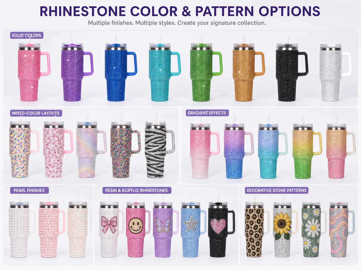 Rhinestone color and pattern options catalog showing solid colors, mixed-color layouts, gradient effects, pearl finishes, resin rhinestones, acrylic rhinestones, and decorative stone patterns