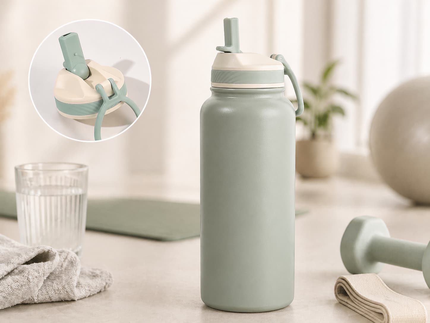 Sage green straw lid sports bottle with close-up straw detail in a light yoga studio setting