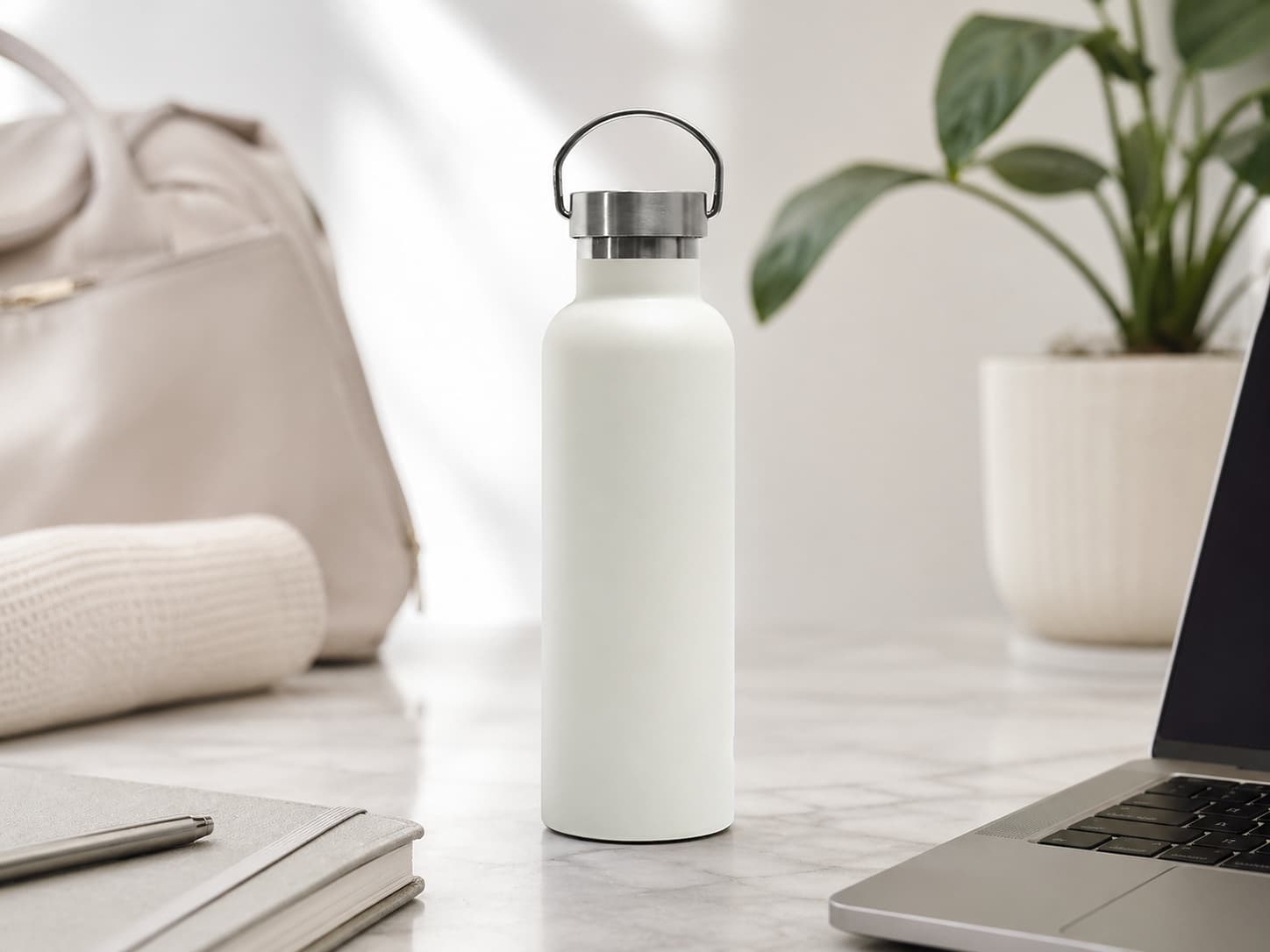 Slim white everyday insulated bottle with metal loop handle in an office-to-gym lifestyle setting