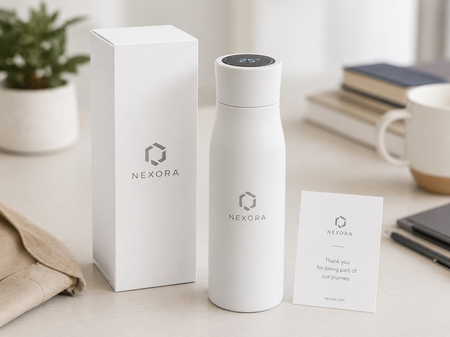 Smart stainless steel bottle with laser engraved logo, branded white gift box, and thank-you insert card for corporate gift presentation.