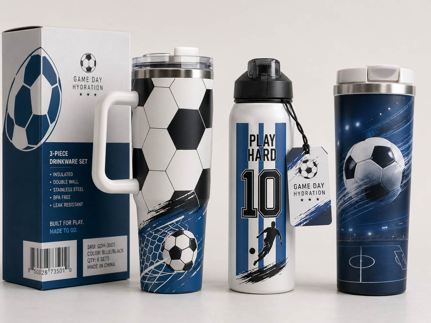 Soccer themed bottles and tumblers with custom packaging box, barcode label, SKU label, and hang tag for wholesale sales