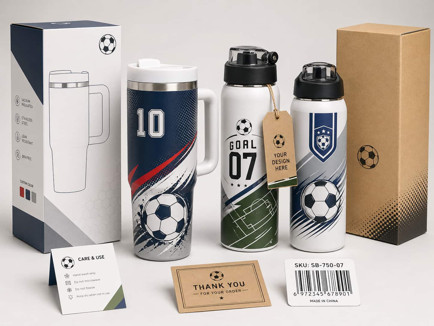 Soccer themed drinkware with custom packaging boxes, hang tag, insert cards, barcode label, and SKU label for wholesale projects