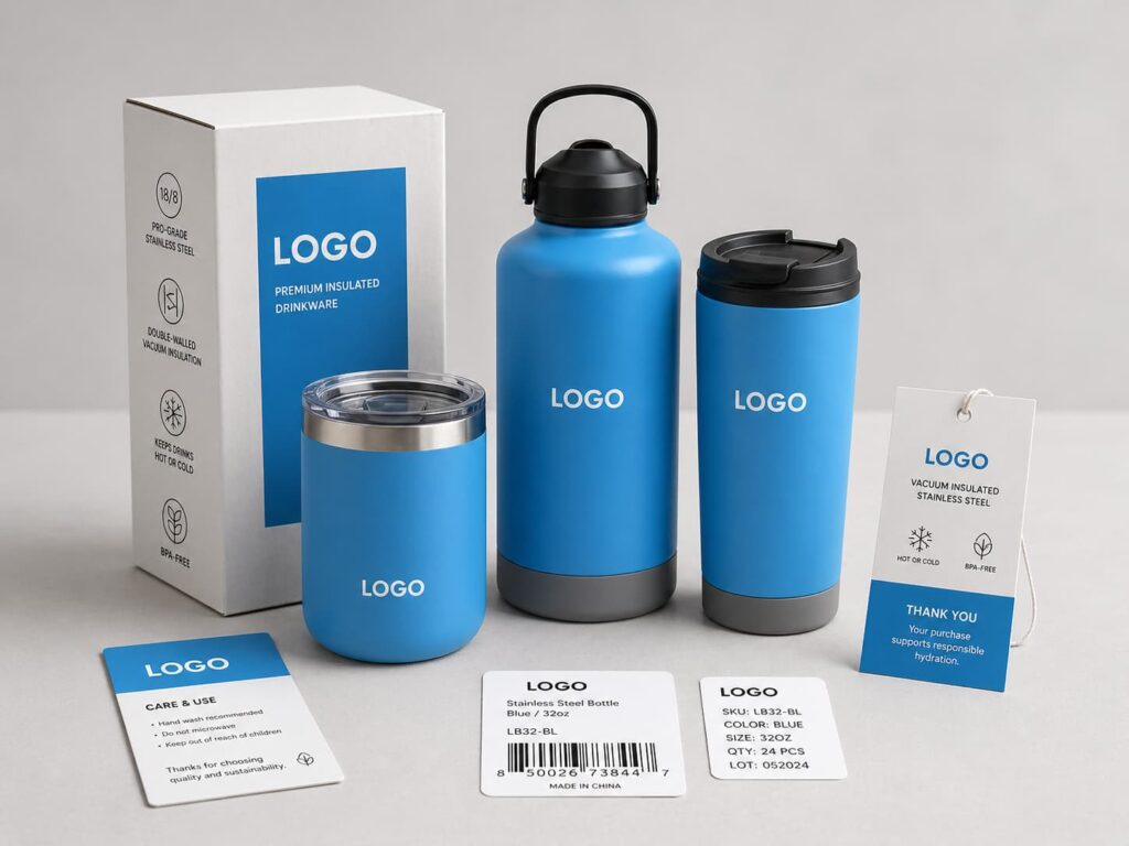 Stainless steel drinkware project setup with insulated bottle, tumbler, packaging box, hang tag, insert card, barcode label, and SKU label on a clean studio background