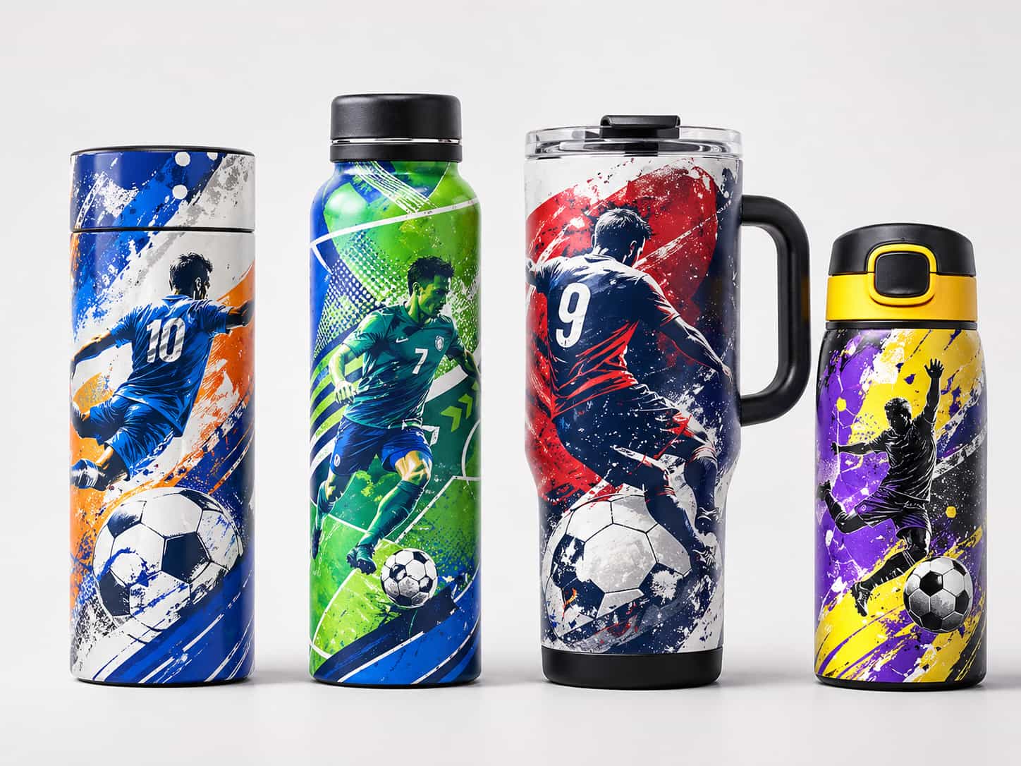 Sublimation printed soccer bottles and tumblers with all-over football graphics, player-style artwork, and full-wrap surface designs
