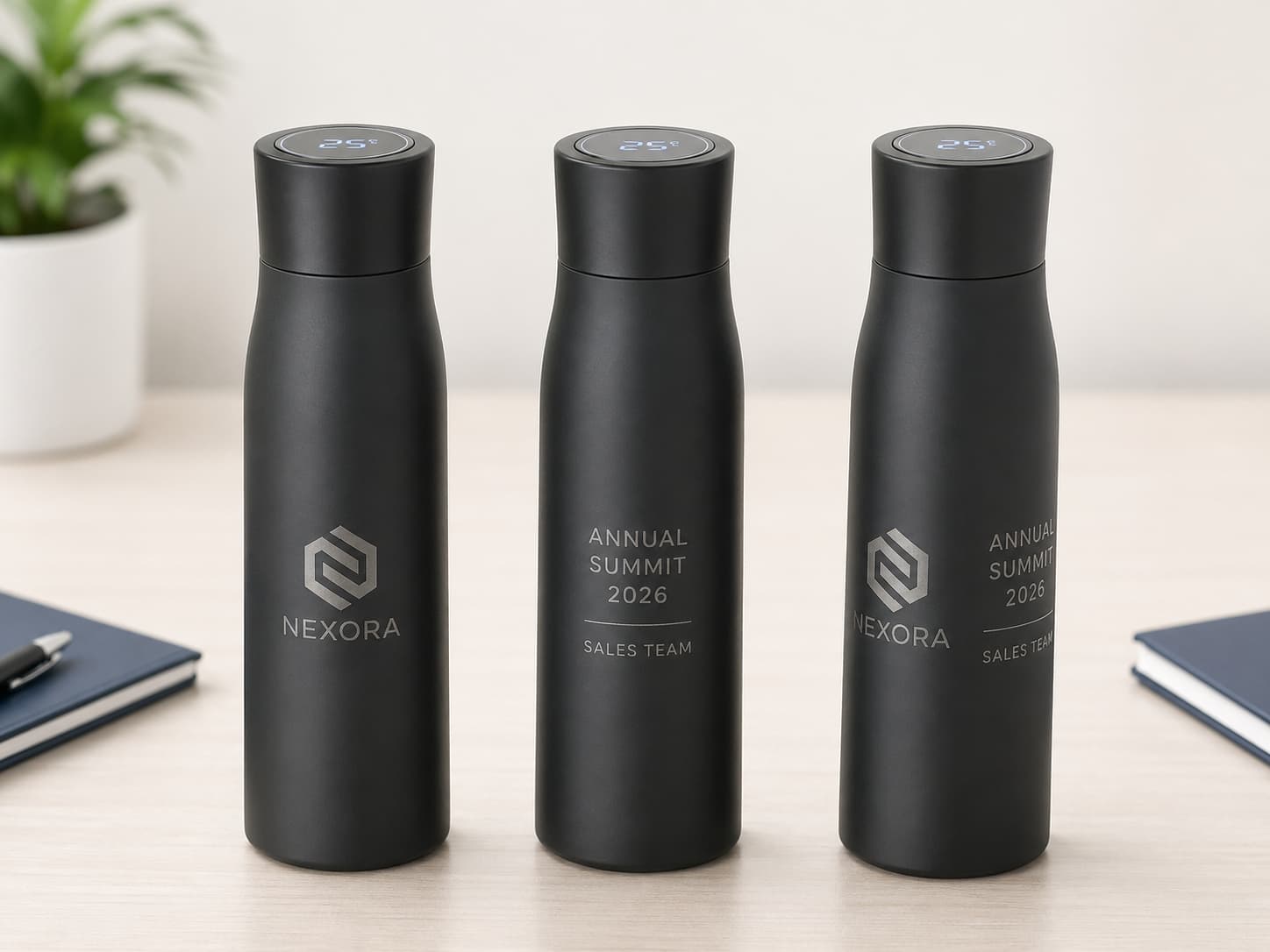 Multi-side laser engraving on black smart stainless steel bottles