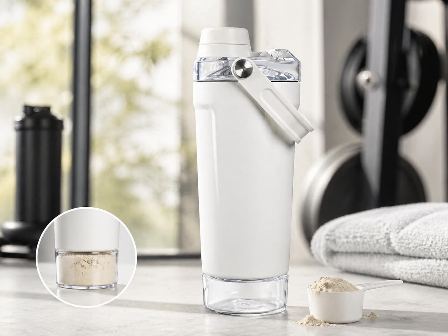White shaker bottle with transparent protein powder storage compartment, scoop, and gym towel