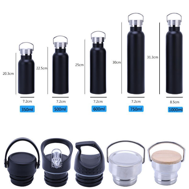size chart of stainless steel insulated bottle series with five lid options