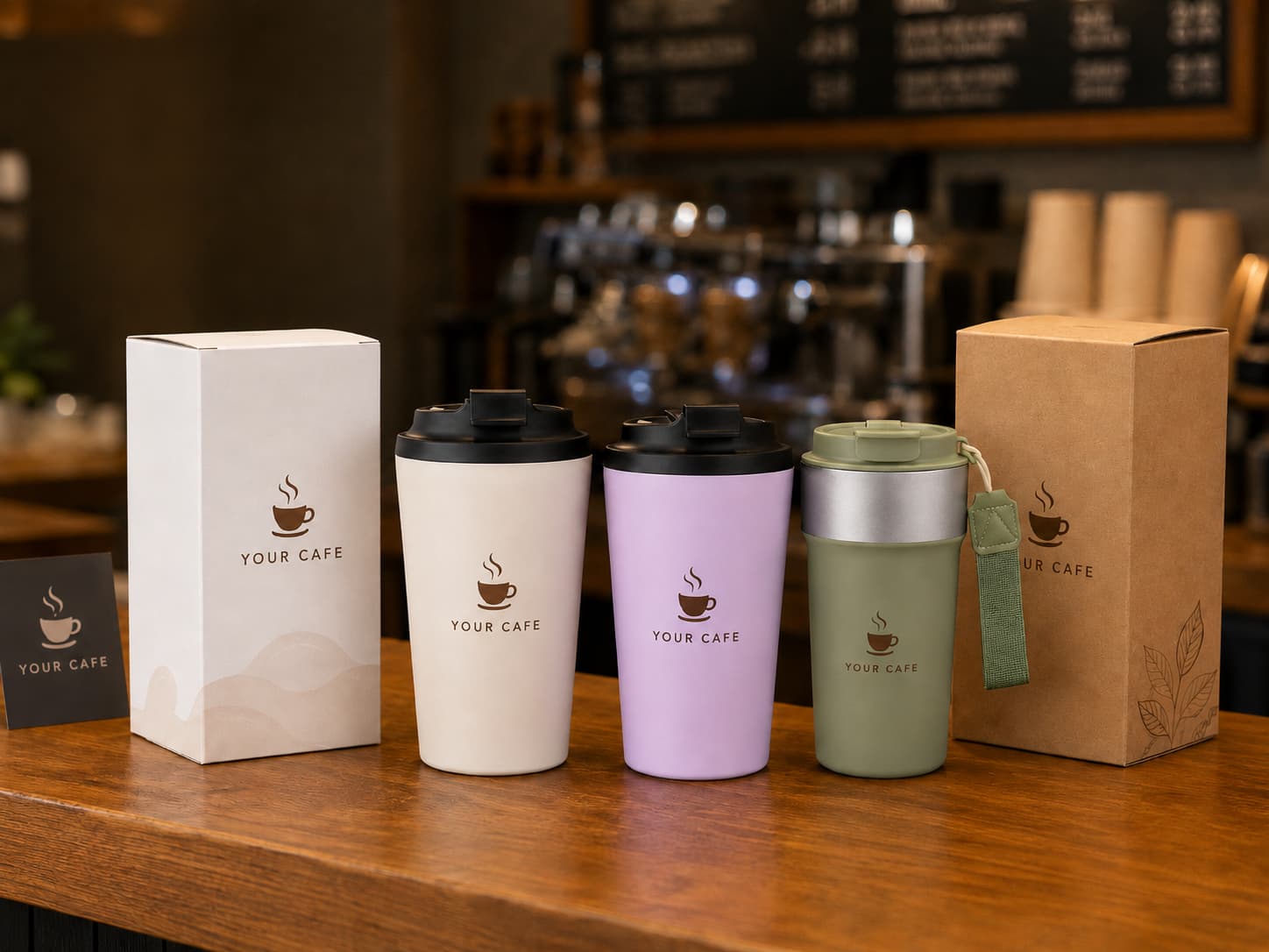 Branded coffee tumblers with custom white and kraft packaging for café gift projects