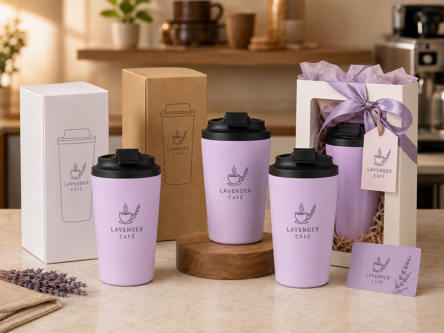Branded coffee tumblers with custom white box kraft box and gift packaging options