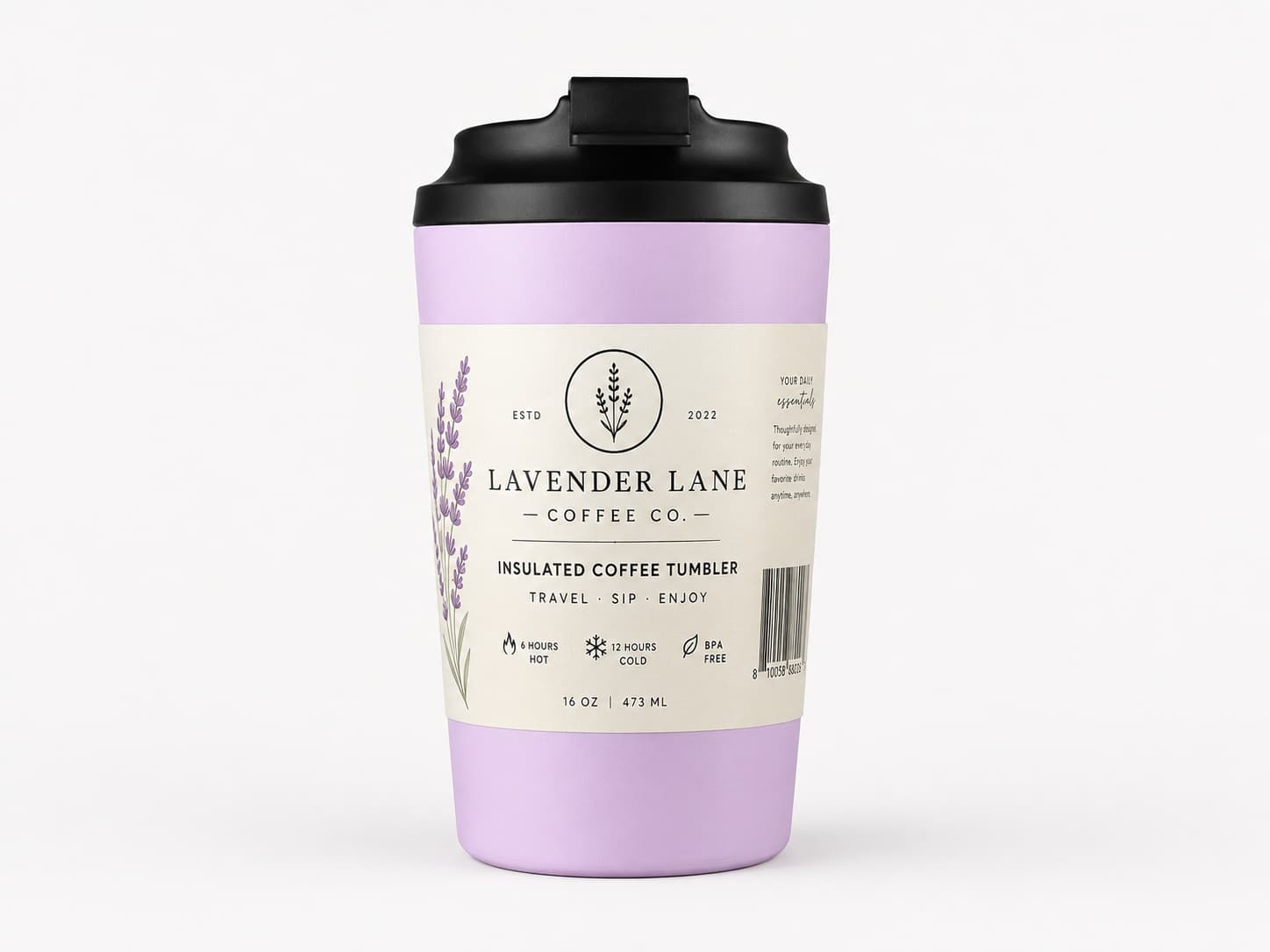 Coffee tumbler with full wraparound retail label barcode and café branding