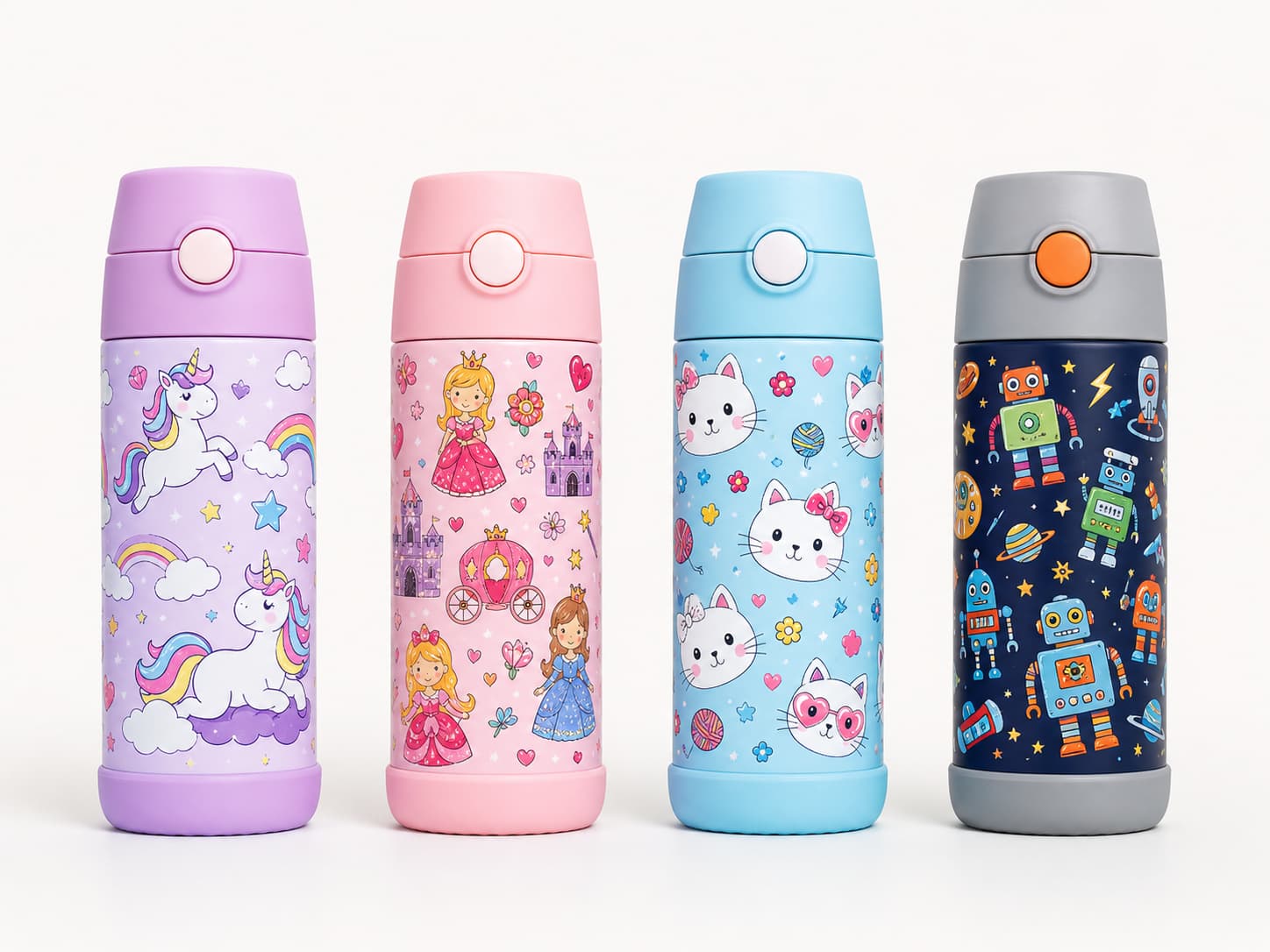 Colorful kids sublimation insulated bottles with unicorn, princess, cat, and robot patterns on a light studio background.