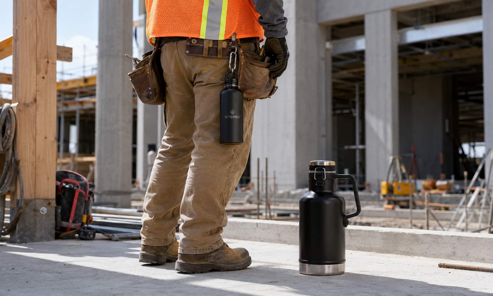 Construction worker with clip-on stainless steel water bottle on tool belt and large insulated water jug on job site