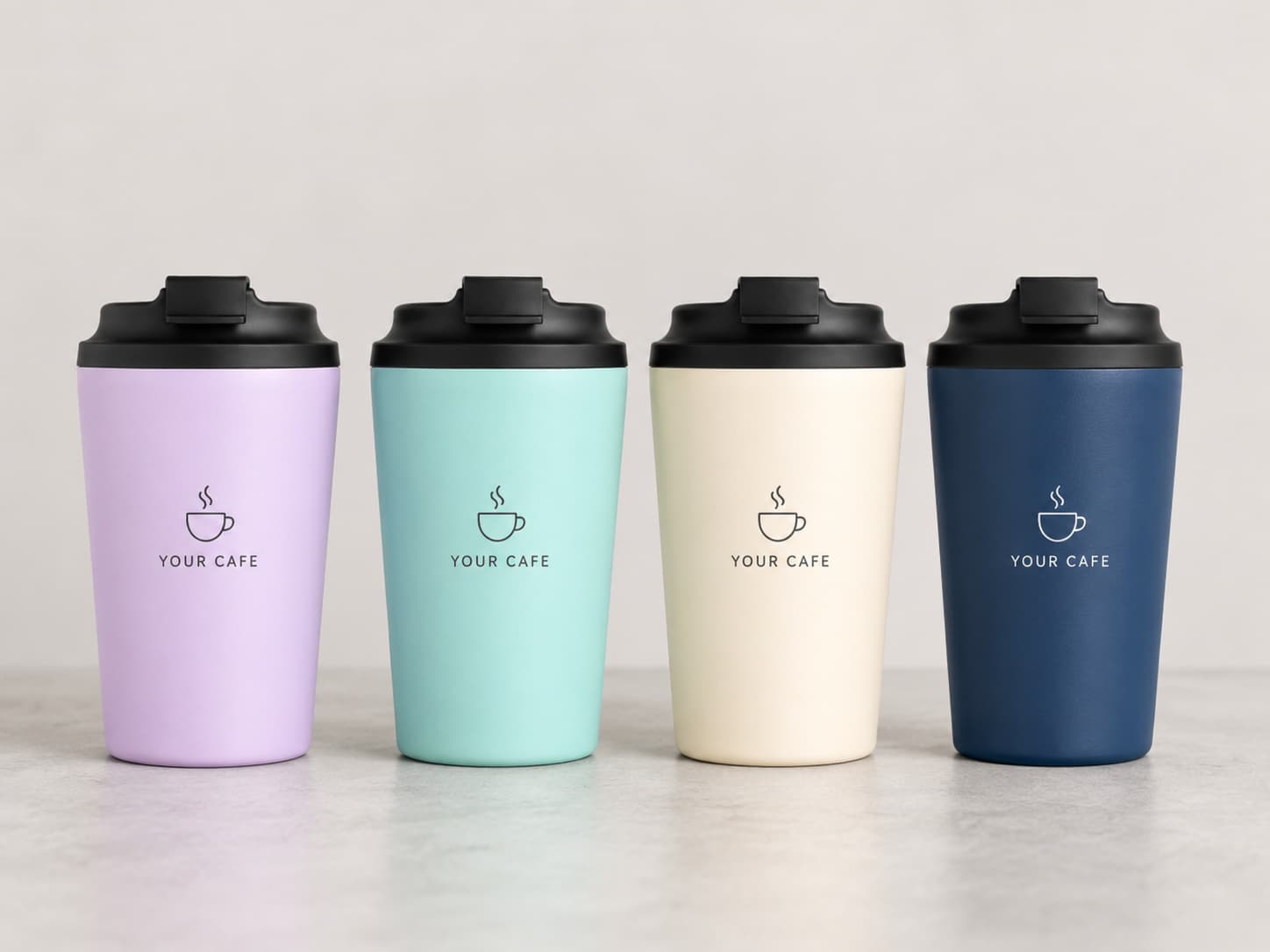 Custom logo coffee tumblers in mixed stock colors for 50 pcs café test orders