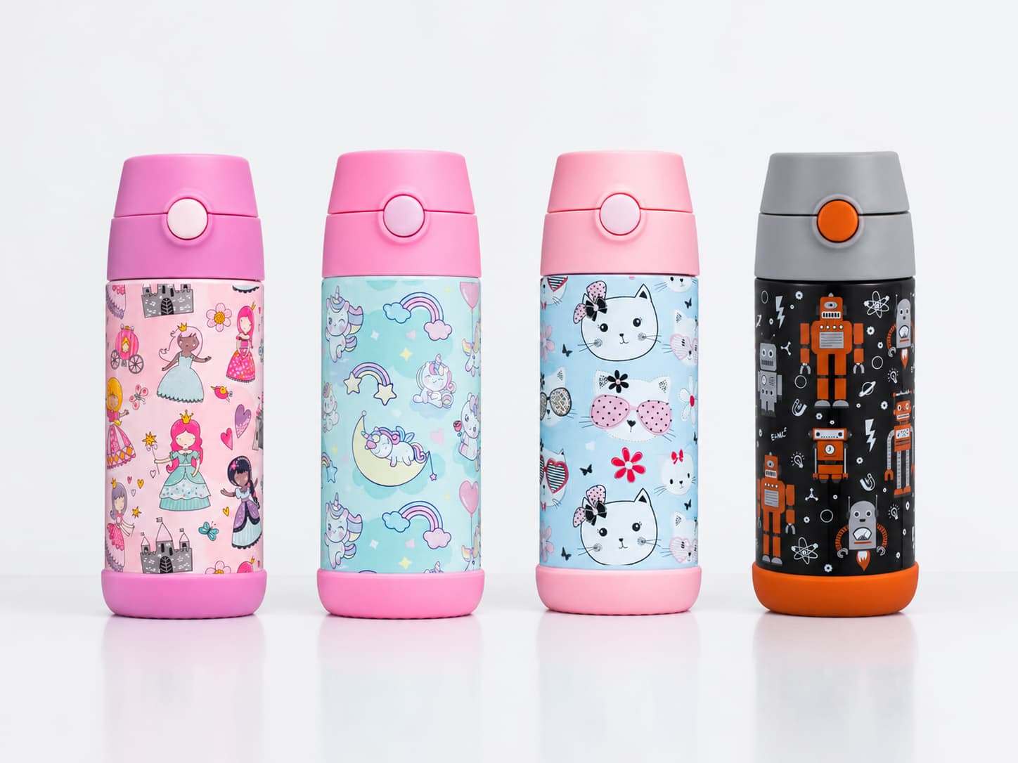 Finished sublimation printed stainless steel bottles ready for quality inspection and packing