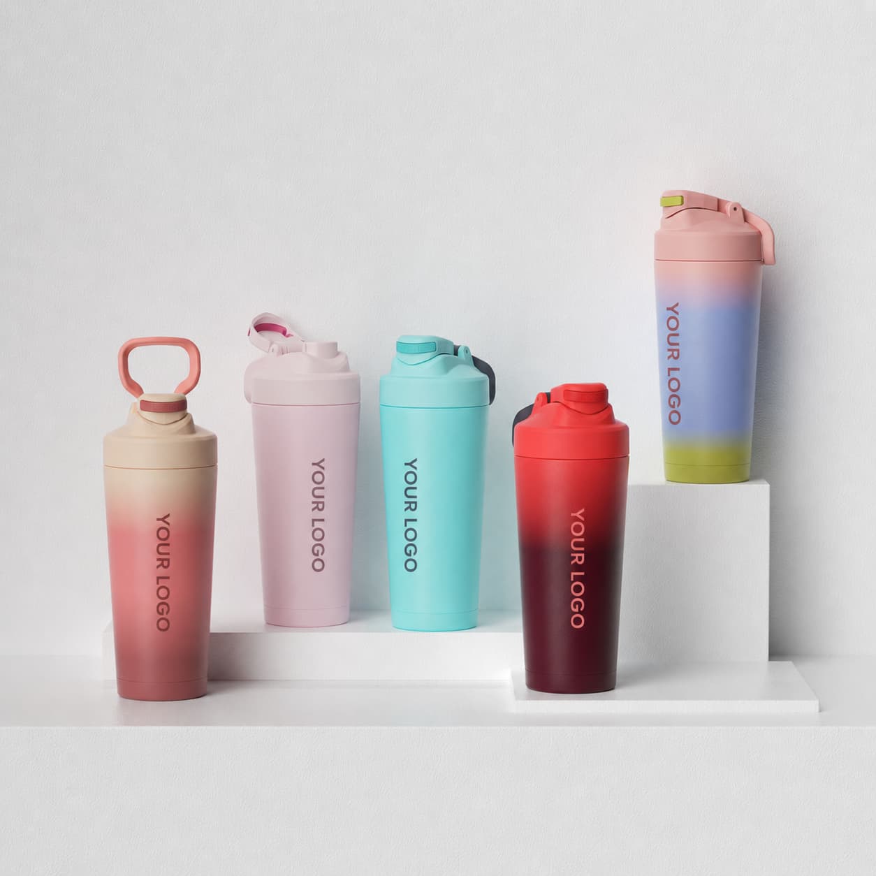 Gradient stainless steel shaker cups with push-button lids