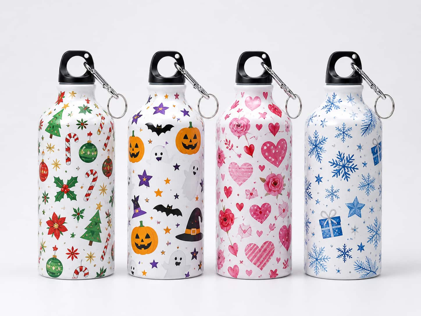 Holiday sublimation water bottles with Christmas, Halloween, Valentine’s Day, and winter snowflake patterns.