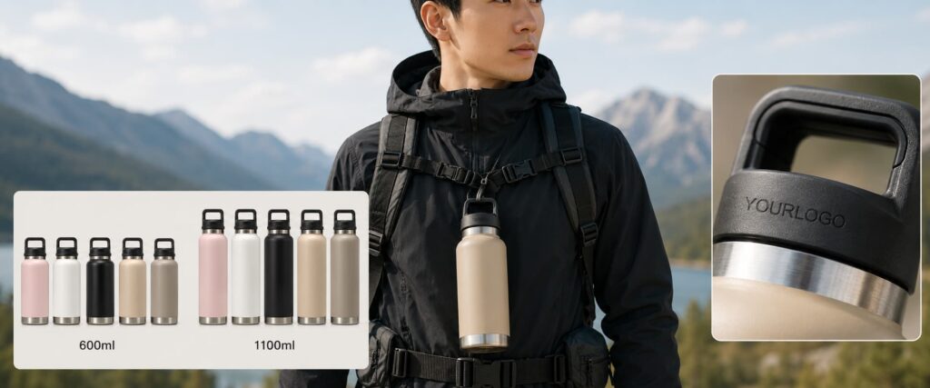 Korean outdoor sports brand insulated bottle case showing a beige bottle worn on a backpack harness, with 600ml and 1100ml color options and handle logo engra