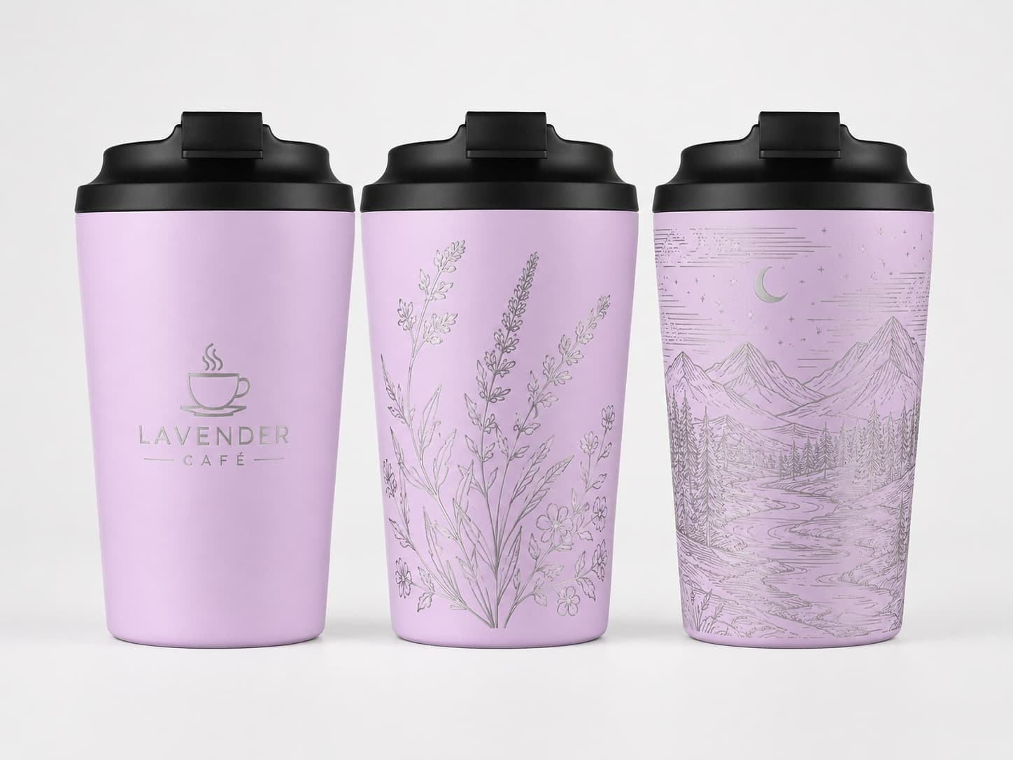 Laser engraved coffee tumblers with café logo botanical pattern and full-body line art