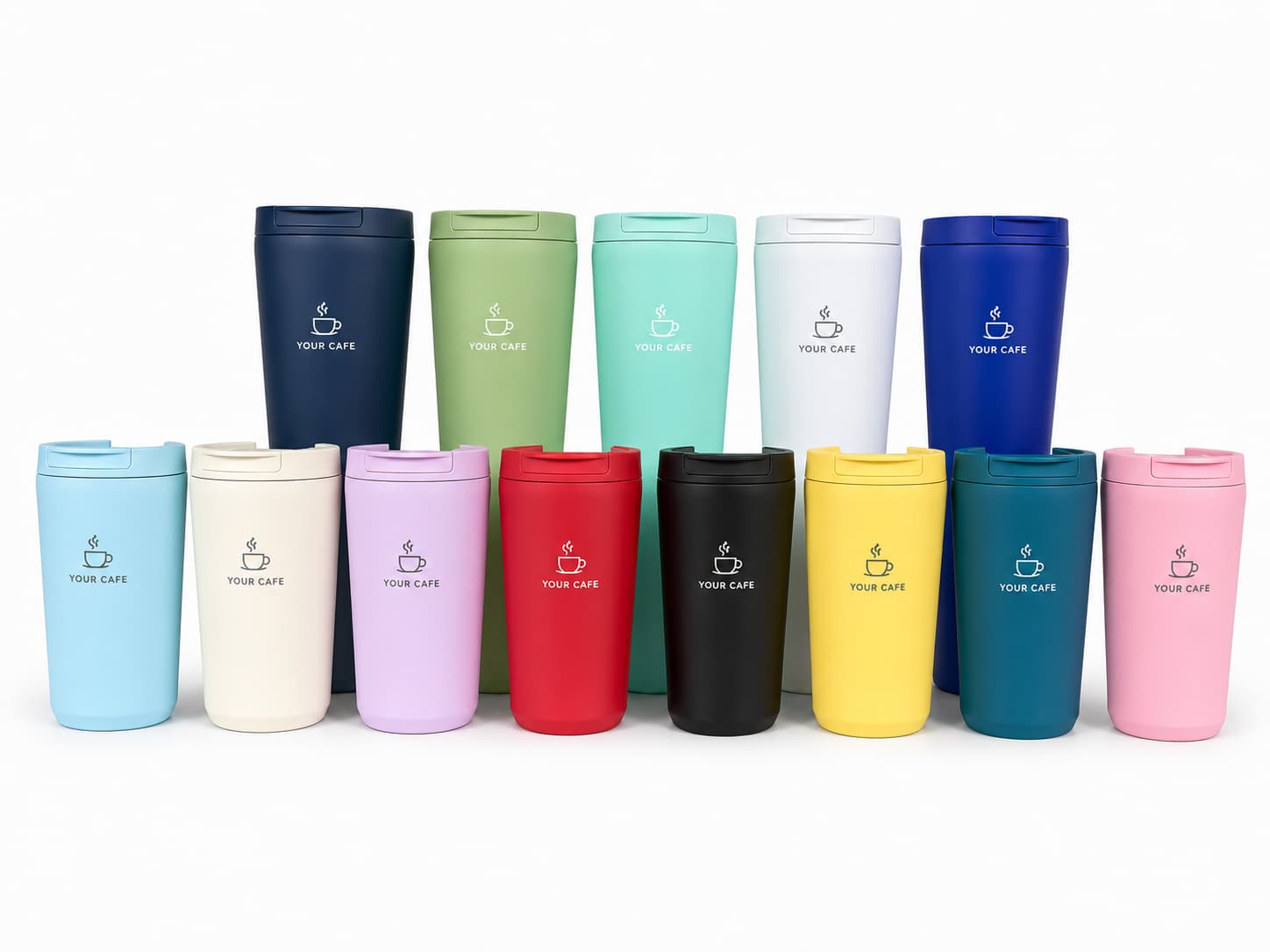 Multi-color and multi-size coffee tumbler collection with custom café logos