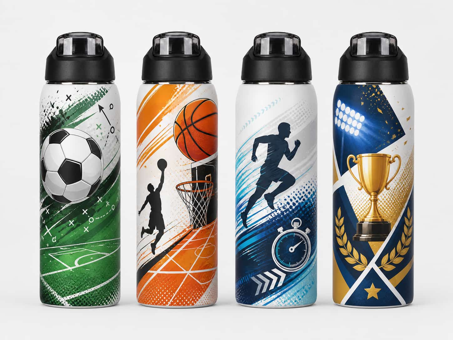 Sports themed sublimation bottles with soccer, basketball, running, and tournament-inspired full-color graphics.
