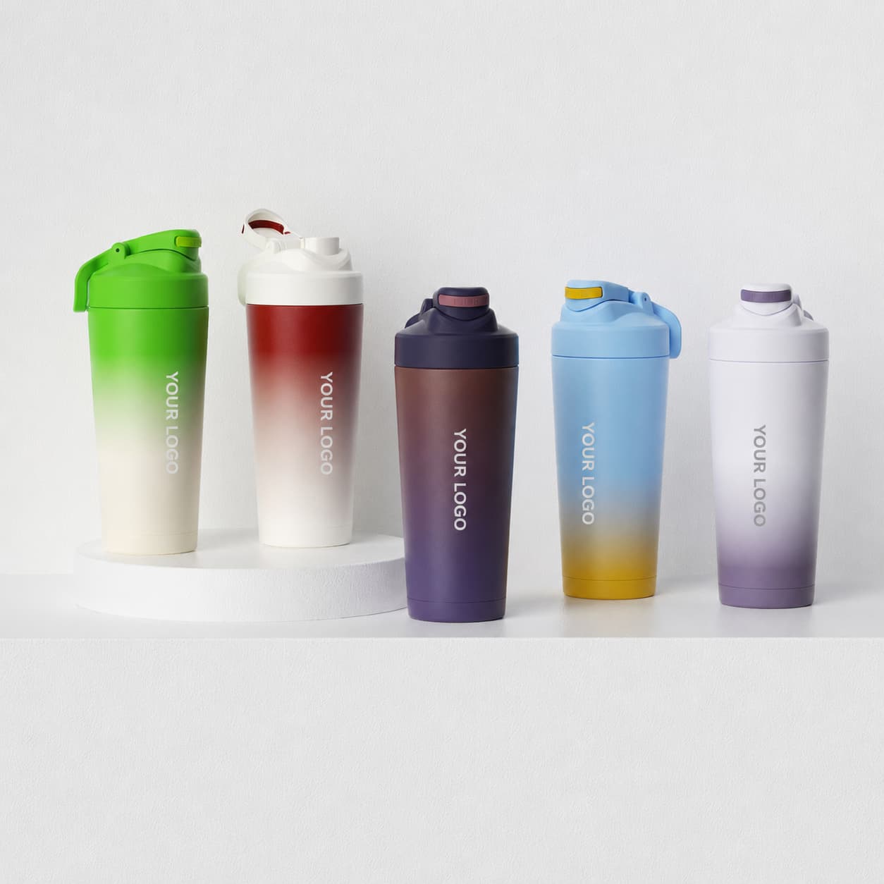 Tall stainless steel shaker bottles in six color options
