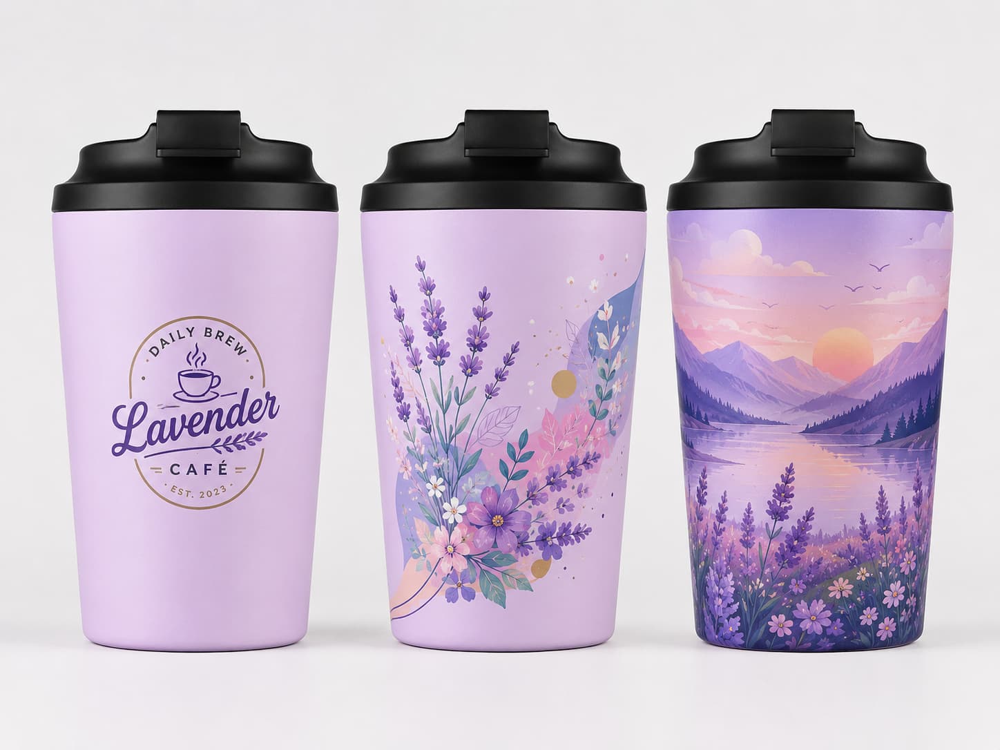 UV printed coffee tumblers showing logo printing pattern printing and full-body artwork