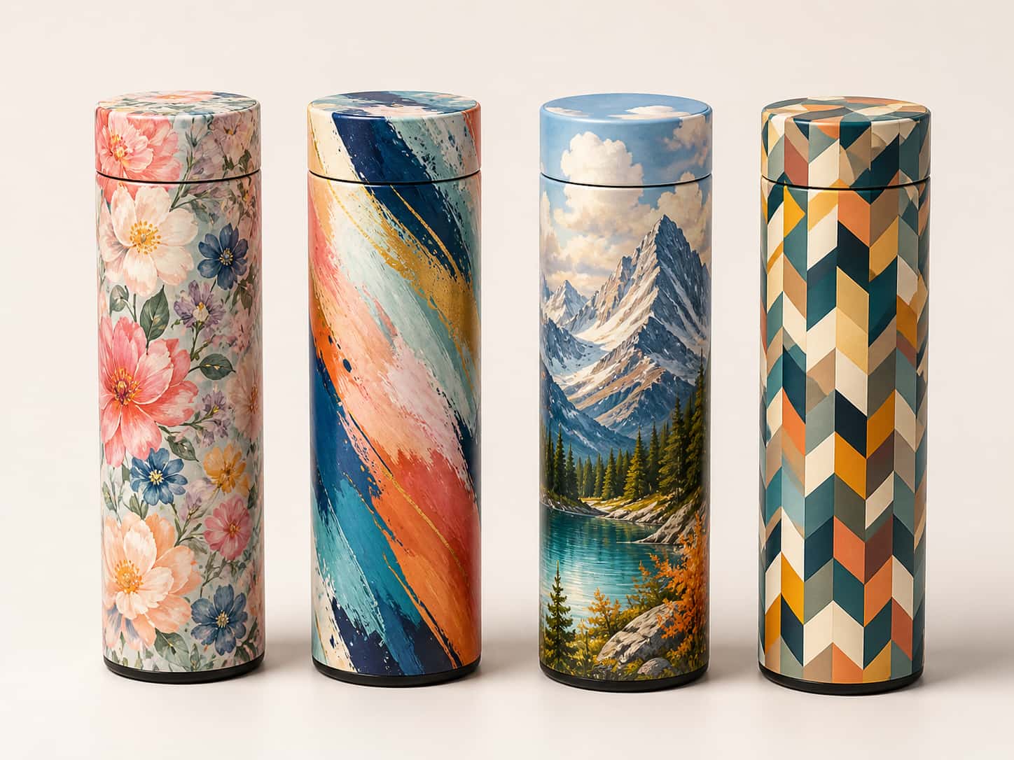 Wraparound sublimation insulated cups with floral, abstract, outdoor landscape, and geometric full-body artwork