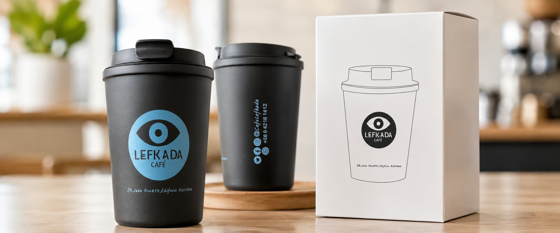 Black 12oz insulated coffee cup with custom UV café logo and matching white gift box, displayed in a clean café-style setting for a branded retail packaging project.