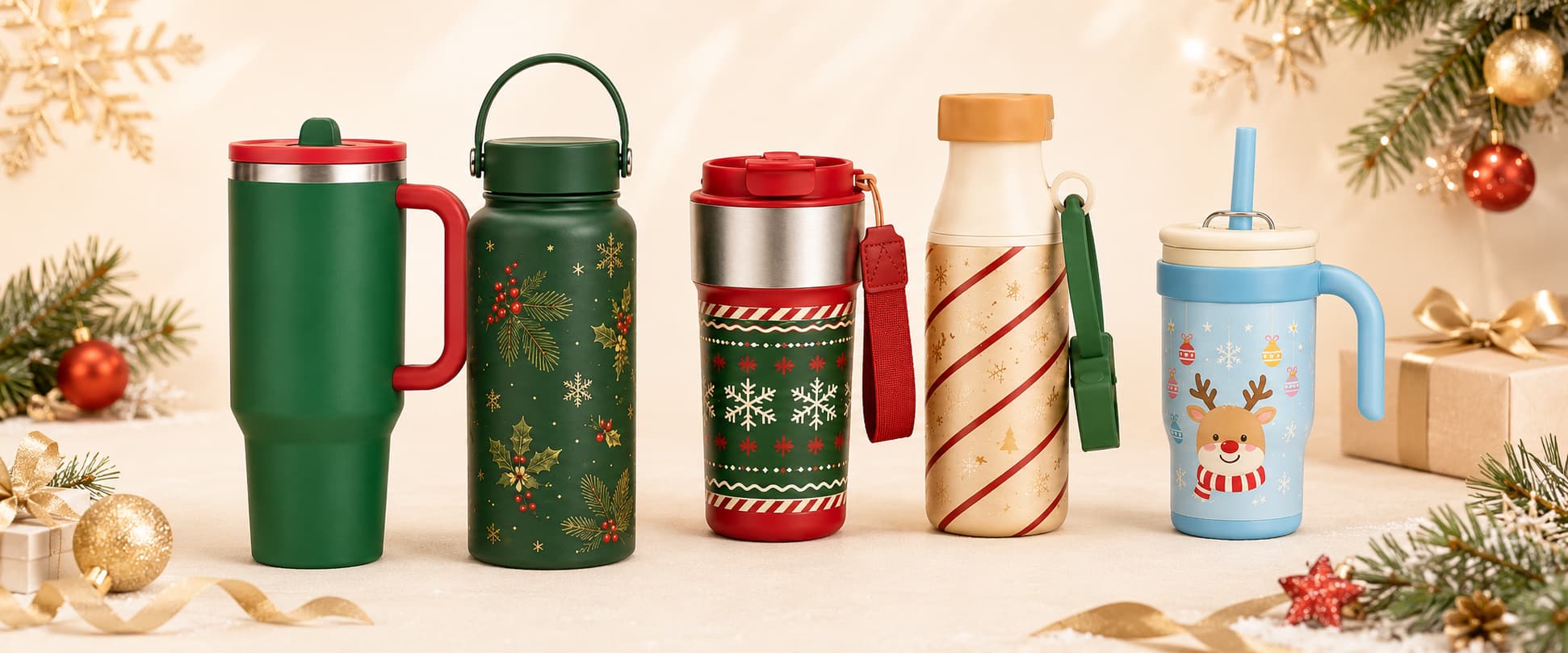 Christmas themed drinkware collection featuring a handle tumbler, insulated bottle, coffee tumbler, milk bottle style bottle, and kids straw cup displayed in a festive holiday scene with ornaments, pine branches, ribbons, and gift boxes