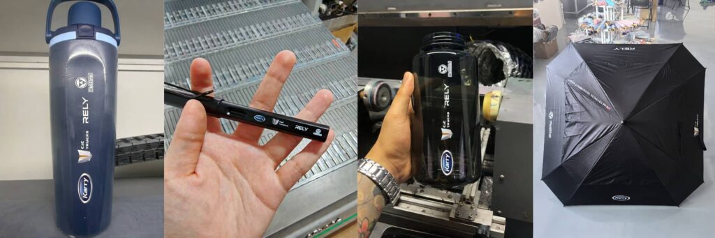 Collage of a Philippine distributor gift project showing a custom 32oz dual-sip insulated bottle with logo, branded pen, printed bottle sample, and matching black umbrella.