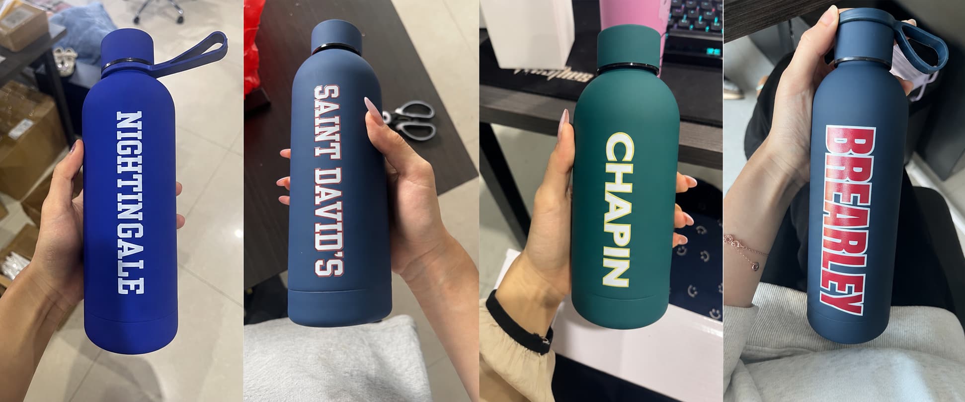 Collage of custom school logo insulated water bottles for different New York school projects, showing matte colored bottles with raised 3D UV printed school names.