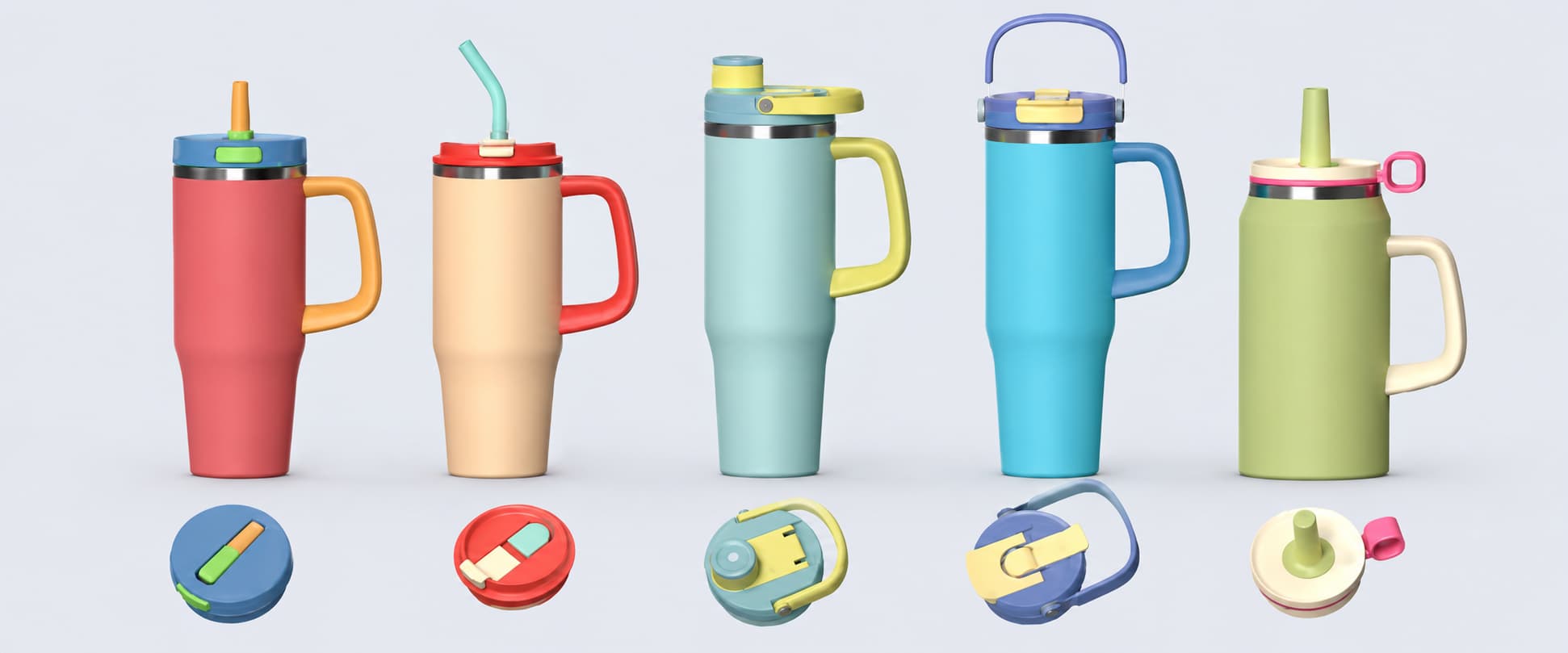 Colorful stainless steel tumblers with different lid options and matching accessory lids for custom drinkware projects