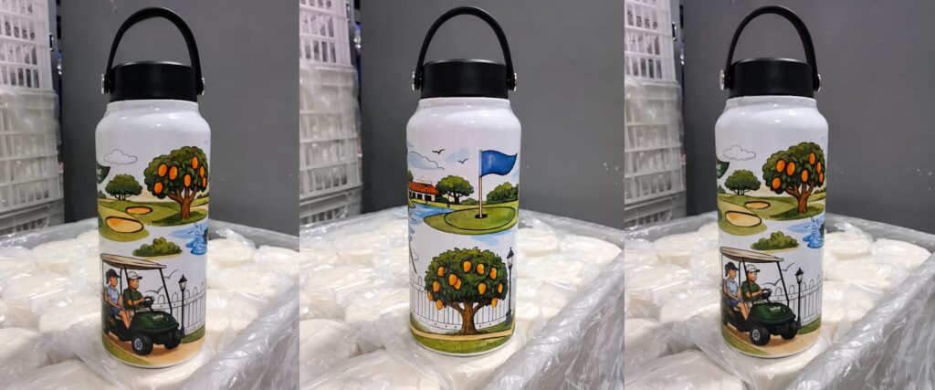Custom 1L white wide mouth insulated water bottle with 5D wrap-around golf course artwork, showing golf cart, orange trees, flag, and full-color printed scene for a golf club gift project.