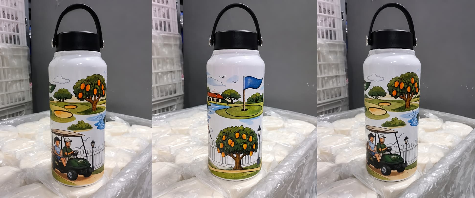 Custom 1L white wide mouth insulated water bottle with 5D wrap-around golf course artwork showing golf cart, orange trees, flag, and full-color printed scene for a golf club gift project