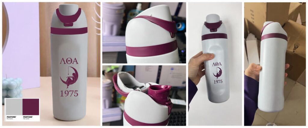 Custom 32oz FreeSip-style sorority water bottle with Pantone-matched maroon lid details, single-side UV Lambda Theta Alpha logo, and real lid close-up photos.