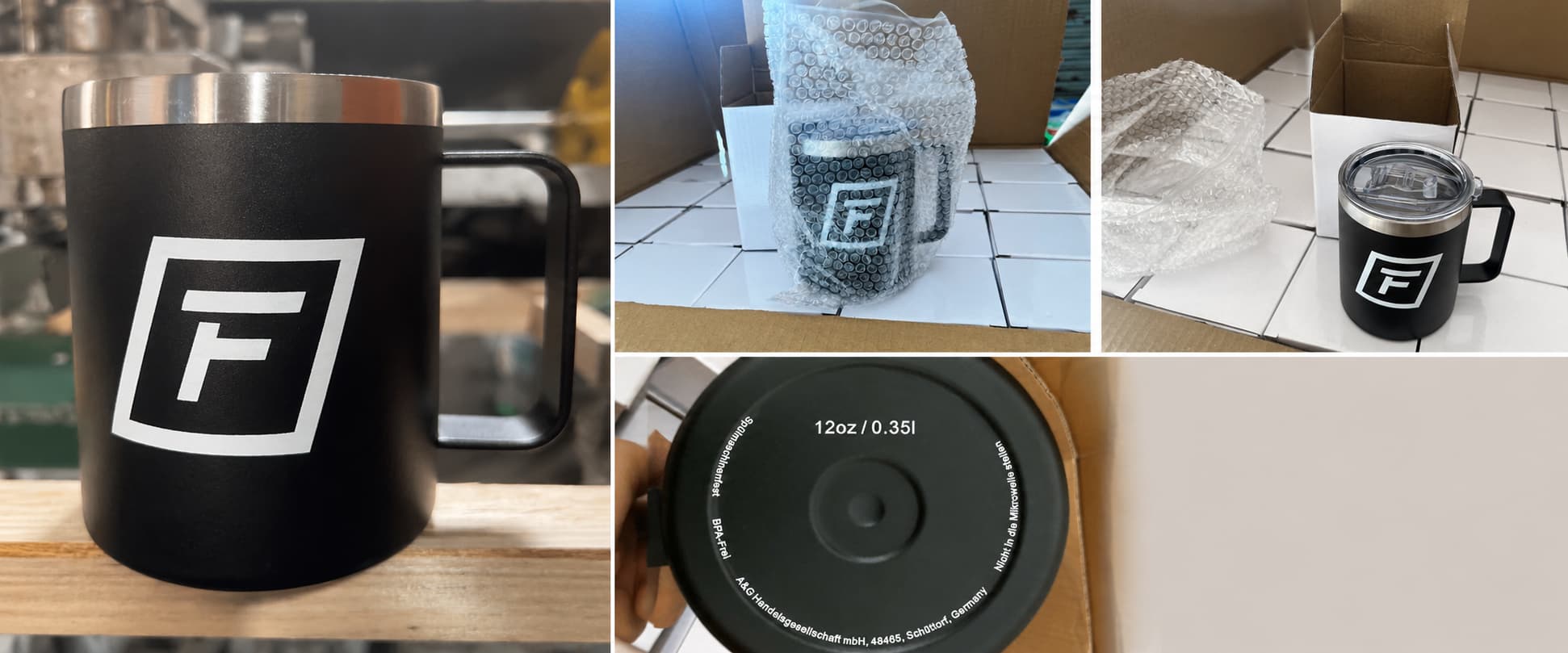 Custom black 12oz stainless steel coffee mug for a German wellness brand, showing single-color silk screen logo, white box packaging, bubble wrap, and real product detail photos.