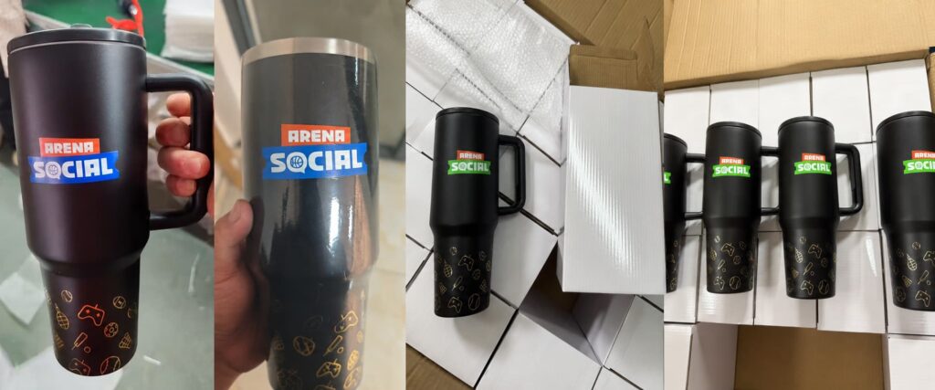 Custom black 40oz travel tumblers for a Philippine sports community brand, showing 3D UV Arena Social logo, gold foil sports icon pattern, white box packaging, and bulk order photos.