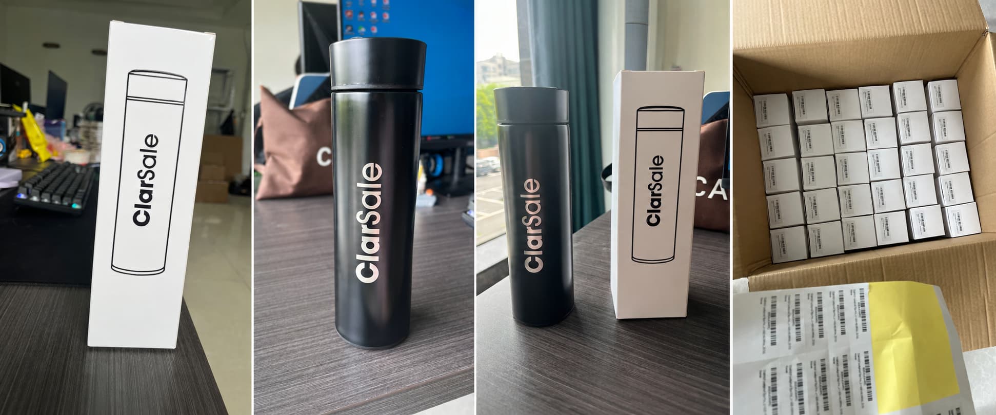 Custom black 500ml temperature display insulated bottle with laser engraved logo, printed white box, and Amazon barcode labels prepared for a small-batch Amazon warehouse order.