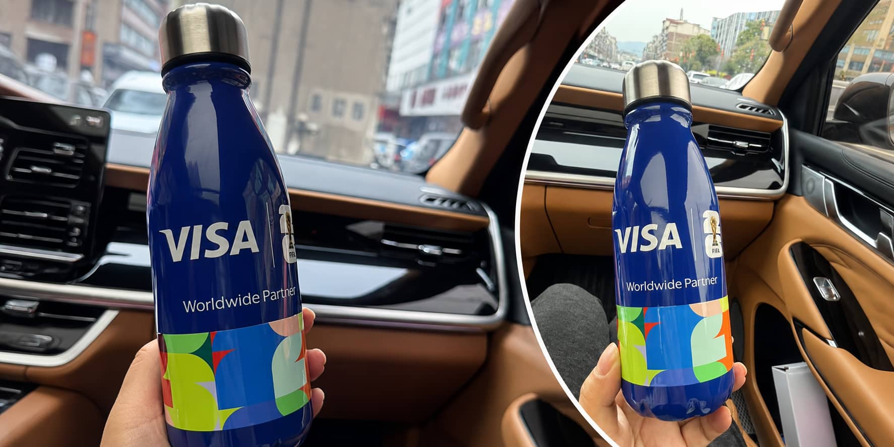 Custom blue 12oz cola-shaped insulated bottle with full-body 5D printing and gloss oil finish for a VISA World Cup event promotion and VIP gift project.