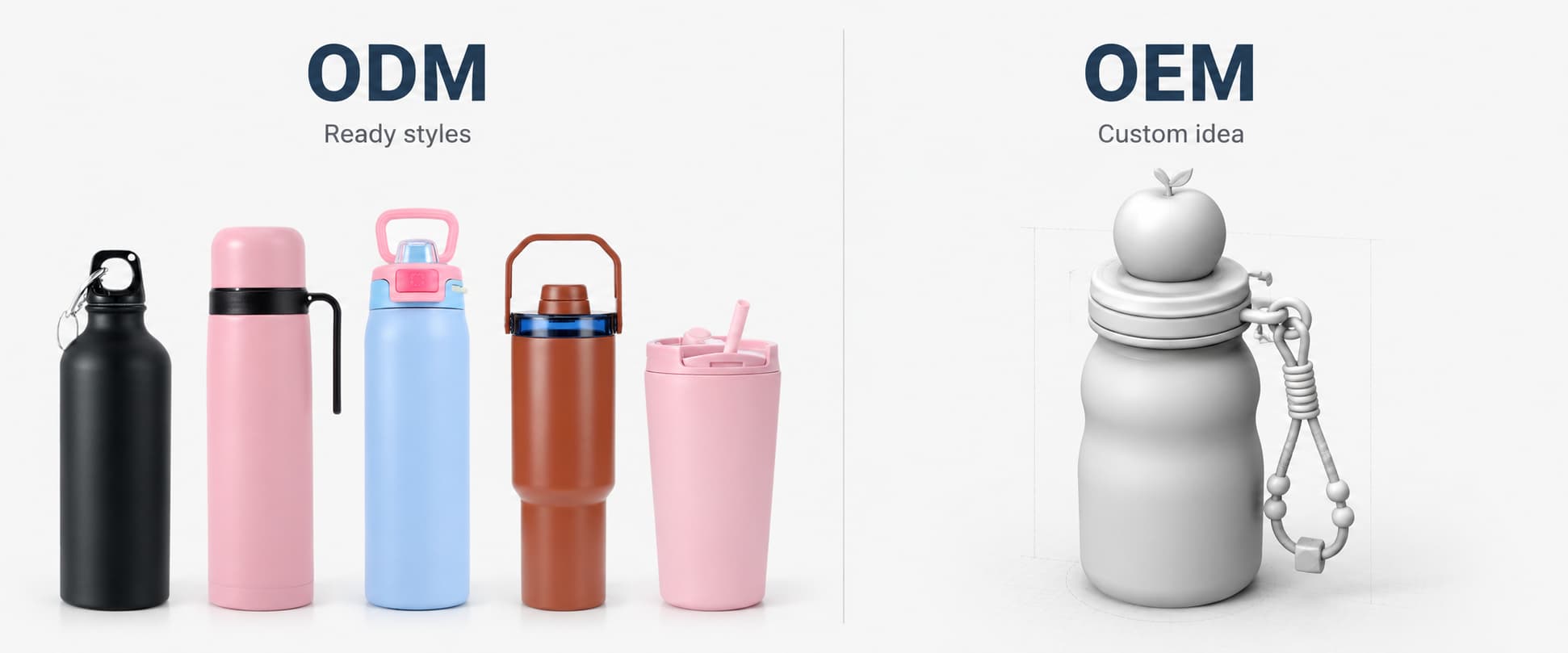 ODM vs OEM custom insulated bottle comparison showing ready bottle styles on one side and a custom bottle concept design on the other side.