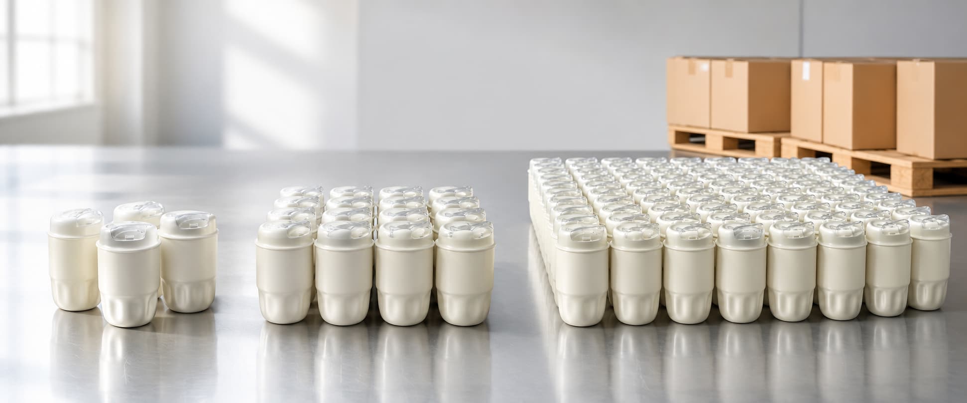 Custom stainless steel insulated bottles arranged in small, medium, and bulk order groups with shipping boxes in the background