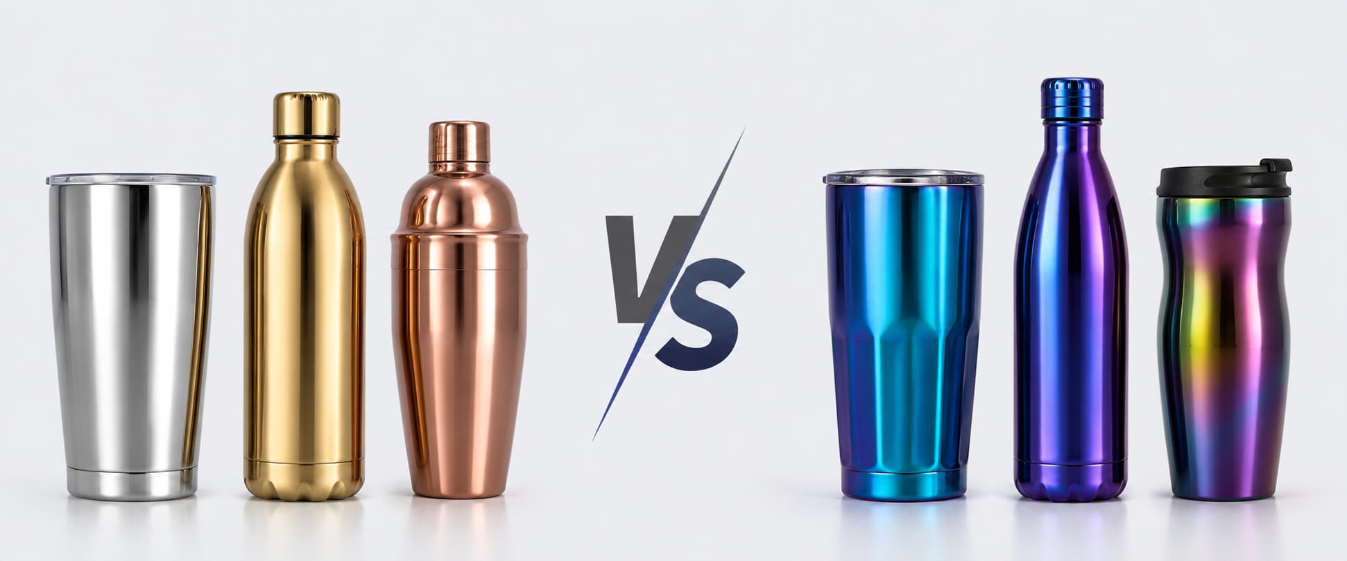 Electroplating vs ion plating comparison for stainless steel bottles showing different metallic finishes and color effects