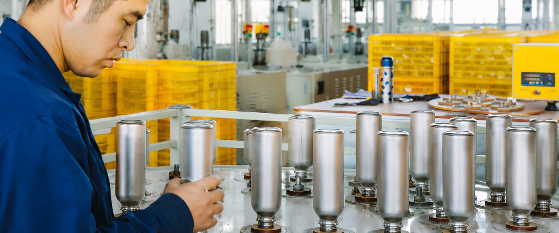Insulated stainless steel bottle production line with a factory worker checking bottle bodies during manufacturing